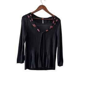 Free People Embellished Cardigan Black Beads Sequins Size S Boho Y2K Style